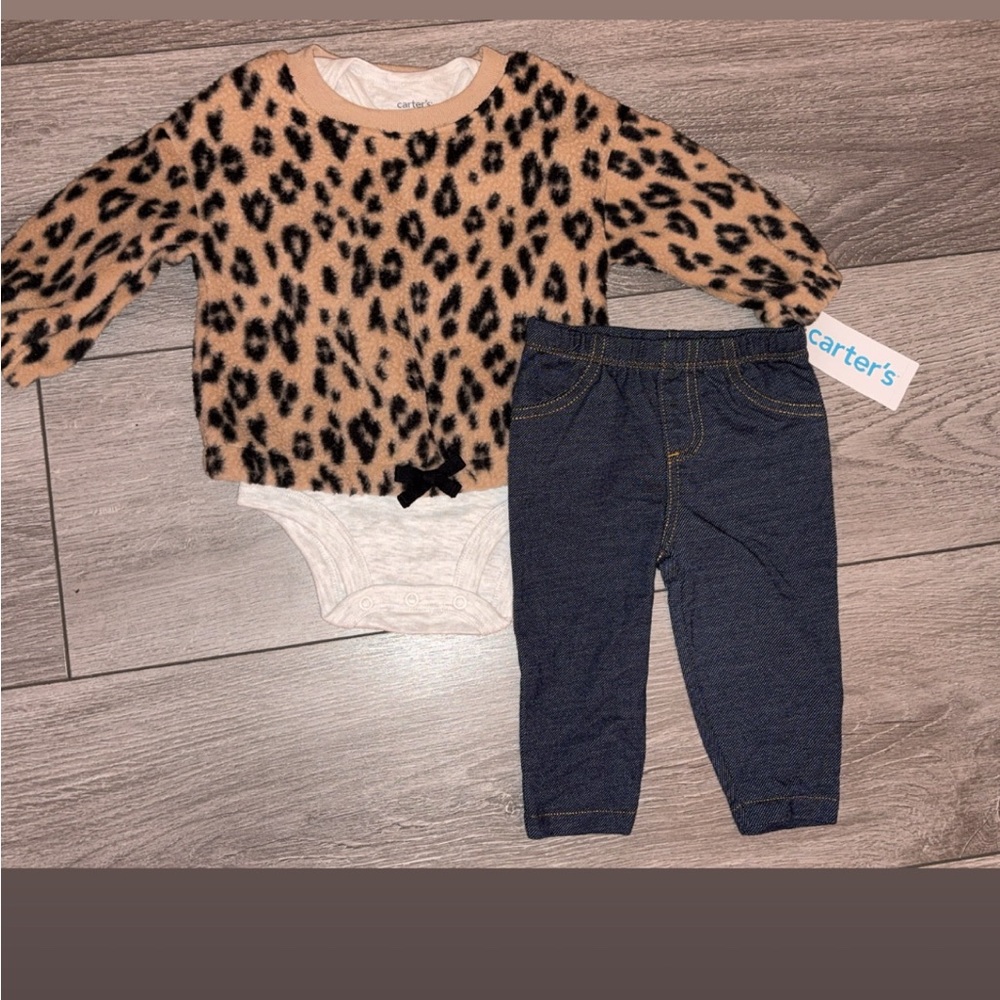 Carters Baby Girls Size 6 Months 3 Piece Outfit Long Sleeved Cheetah New W Tags